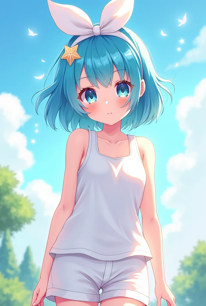 Create a girl with short light cyan hair with a mix of dark blue, wearing a white bow with a star, wearing a white tank top with white shorts dm anime version