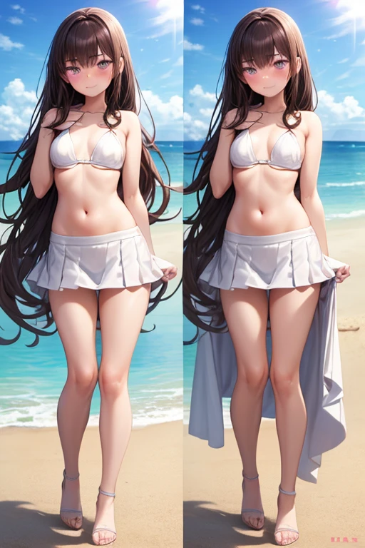 ((best quality)), ((masterpiece)), (detailed), a girl, full body, 19 years old, serius face, young adult, somewhat short stature, purple eyes, brown hair, slightly wavy hair, long hair, bangs, blush, very small breasts, sexy white bikini with skirt, seductive legs, beach background, looking at me, anime