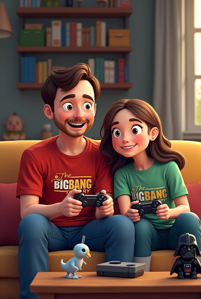 Can you create a geek style father and daughter image for me?,nerd For Father's Day The two playing video games together and wearing The Big Bang Theory shirts.