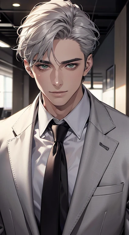 (Highest quality,4K,8K,High resolution,masterpiece:1.2),Super detailed,(Realistic,photoRealistic,photo-Realistic:1.37),1 person,31 years old,Mature Men,Beautiful skin、very handsome,Expressionless smile in love,Short gray silver hair,green eyes,Sharp Eyes,A perfect face without a doubt,Businessman,Office Background,Cinema Lighting,HDR image,tie、