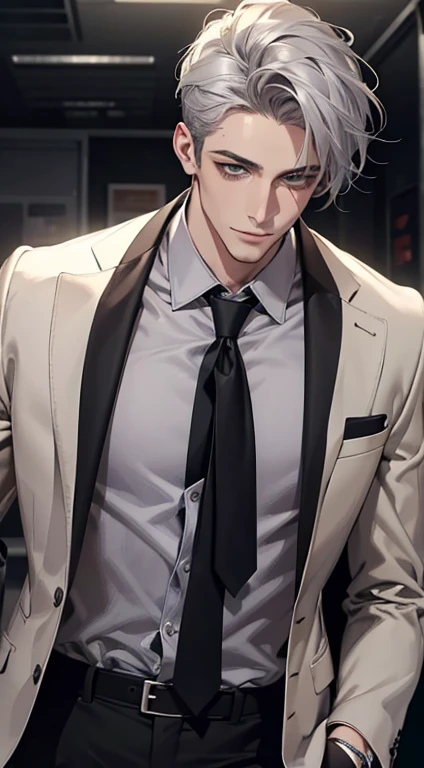 (Highest quality,4K,8K,High resolution,masterpiece:1.2),Super detailed,(Realistic,photoRealistic,photo-Realistic:1.37),1 person,31 years old,Mature Men,Beautiful skin、very handsome,Expressionless smile in love,Short gray silver hair,green eyes,Sharp Eyes,A perfect face without a doubt,Businessman,Office Background,Cinema Lighting,HDR image,tie、
