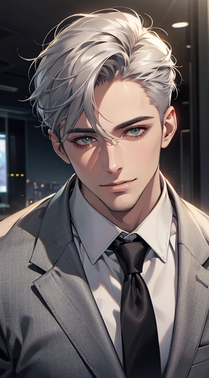 (Highest quality,4K,8K,High resolution,masterpiece:1.2),Super detailed,(Realistic,photoRealistic,photo-Realistic:1.37),1 person,31 years old,Mature Men,Beautiful skin、very handsome,Expressionless smile in love,Short gray silver hair,green eyes,Sharp Eyes,A perfect face without a doubt,Businessman,Office Background,Cinema Lighting,HDR image,tie、
