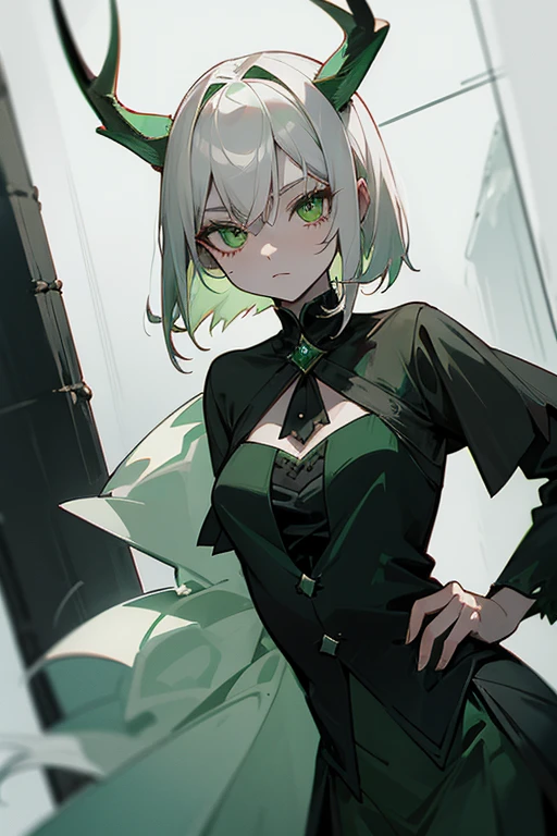 a juvenile, female demon, elk style horns, emerald eyes, bob length, white hair, slate colored skin, wearing a formal green dress with silver trim