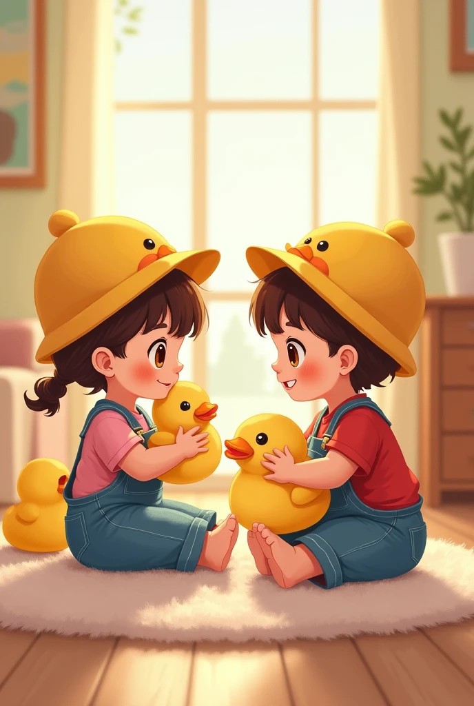 Two two-year-old children The girl: with brown eyes, Brown hair con coletas, parts, dressed in a pink t-shirt and denim overalls The boy: with brown eyes, Brown hair, parts y vestido con una playera roja y un overol de mezclilla
Ambos con un gorrito de patito y un patito de peluche sentados en una alfombra de una casa mientras juegan