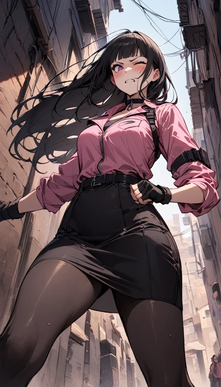 {{hold down one's stomach with one's hands:1.6}},Dynamic composition,dutch angle,from below,from side,solo,170cm tall female, theatrical animation style, Power Rangers preformation heroine,{{Pink-based shirt:1.6}},pink shirt,BLACK PENCIL SKIRT, BLACK SKIRT,Black pantyhose,{{small face:1.8}},{{Grit your teeth:1.4}},{{fighting stance:1.6}}{{fight:1.6}},{{standing on one knee:1.6}},{{knee up:1.6}},{{masterpiece}}, {{{Highest quality}}},{{Very detailed}},{{Pain ,Suffering}},one eye closed,{{critical situation:1.6}},{}},1girl,30years old,{Mature Woman}},{{}},{{Grit your teeth:1.4}},,{{v-shaped eyebrows}},Bad mood,blush,Sweat,raise one's eyebrows、black fingerless gloves,Bad mood,profound,Beautiful thighs,clavicle、chest holster,BLACK Long Hair,Blunt bangs,Alley,Black Choker,belt