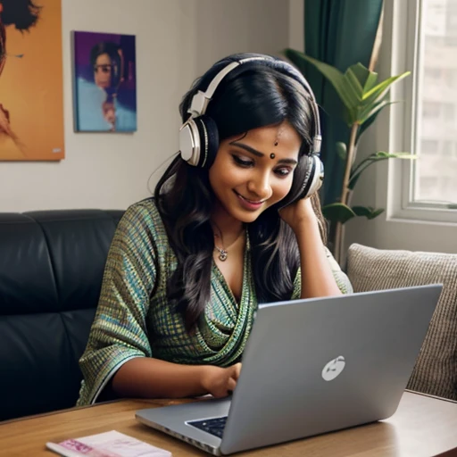 indian girl in livin room working on the laptop with headphones on, microphone, smiling looking at the computer, saree, tight blouse, gloomy