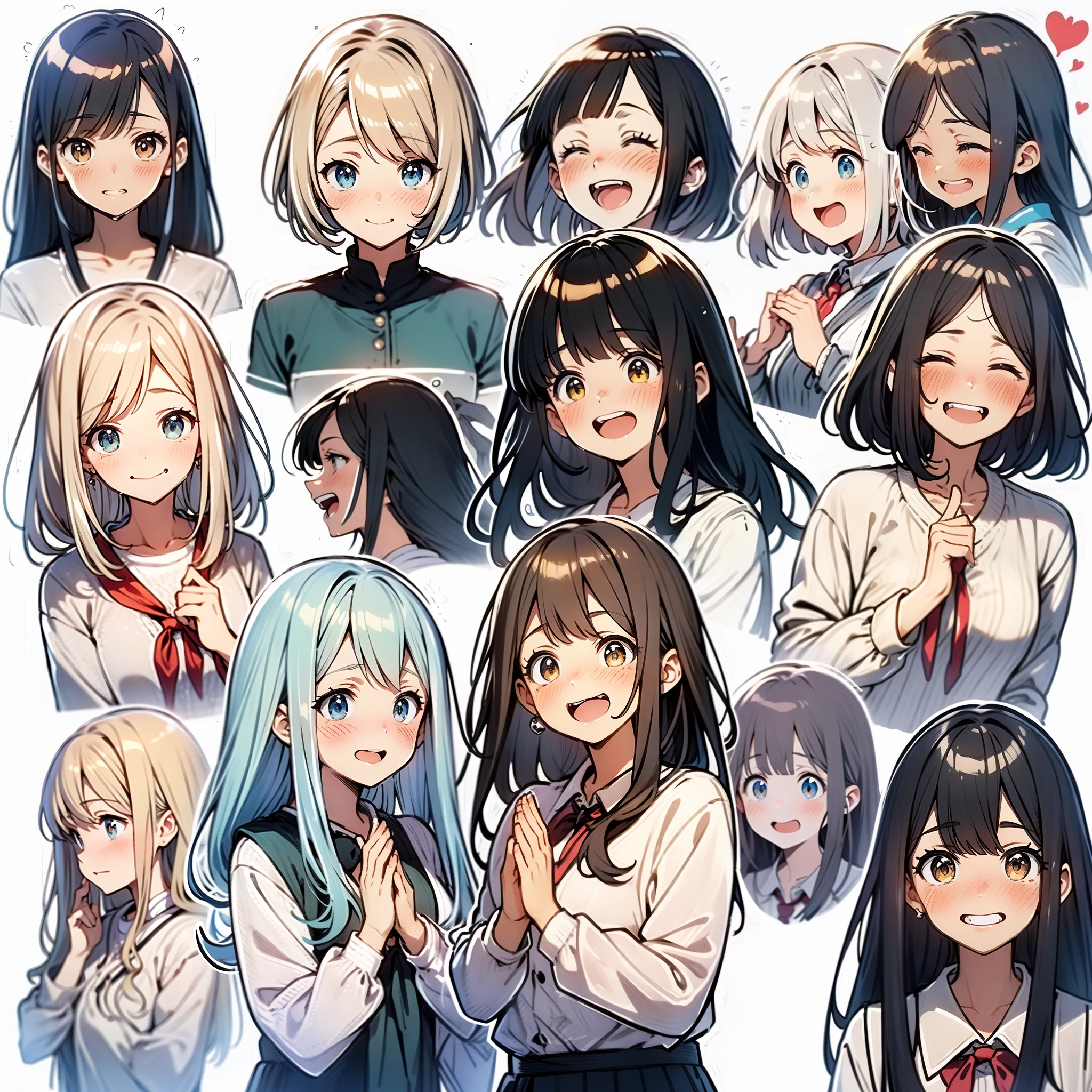 all kinds of expressions, happy, sad, angry, expectant laughter, disappointed1, cute eyes, white background, illustration-nii 5-style cute, emoji as illustration set, different hair styles lineup,