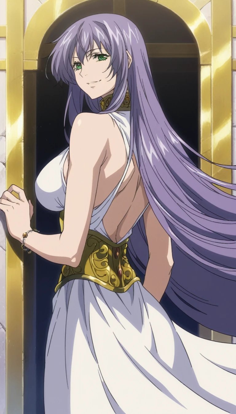 Score_9, score_8_up, score_7_up, score_6_up, source_anime, 1girl, beautiful woman, detailed face, standing, white skin, slut, seductive smile, back view, looking at viewer, horny, 1 girl, sasha, green eyes, purple hair, long hair, large breasts, cleavage, white dress1, dress, neckline, petal bracelet, gold belt, jewelry, high quality, wallpaper