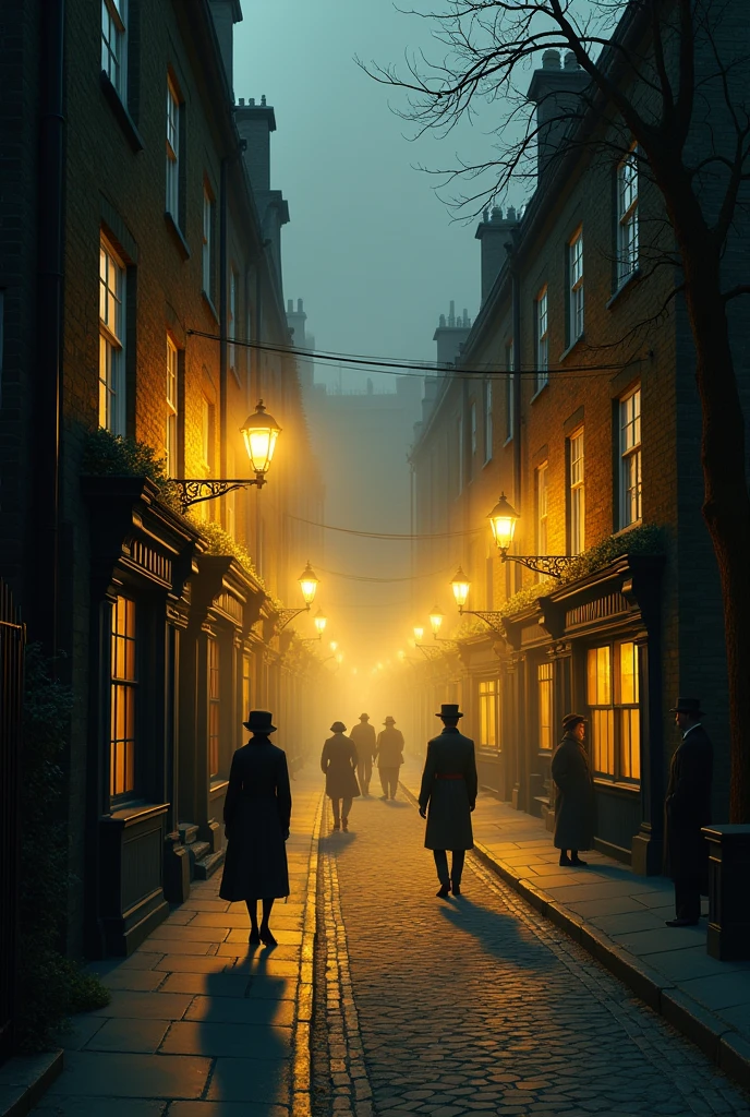 London footpaths in 1888 , yellow light , less people , anime , the streets on the middle ,