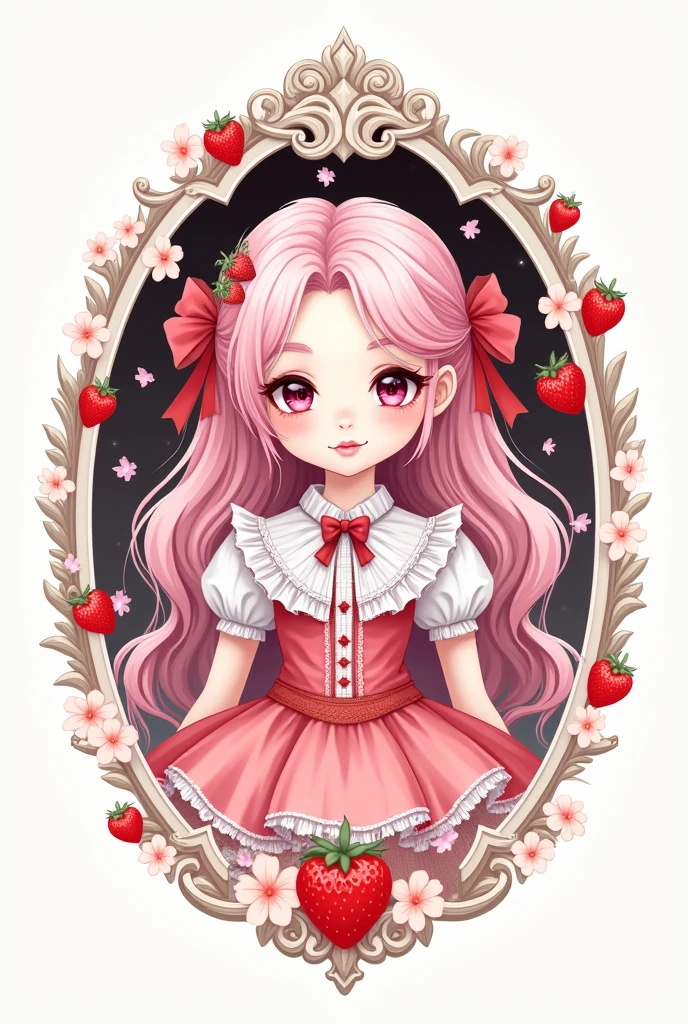 Create a small logo of a store called "Lulumu Store" with white colors, rosa , red, black and has a sexy girl dressed in baroque lolita style with pastel pink hair and strawberries drawn around it