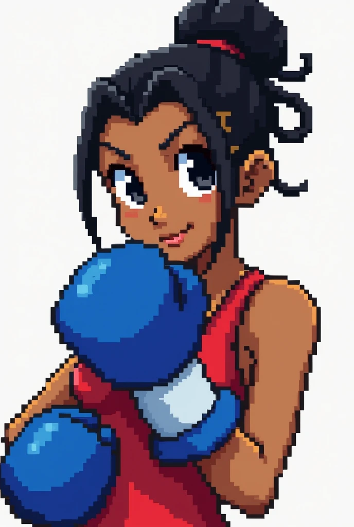 2D Pixel Sprite Black Female Character with Braid Bun Boxer with Blue Gloves Super Nintendo.