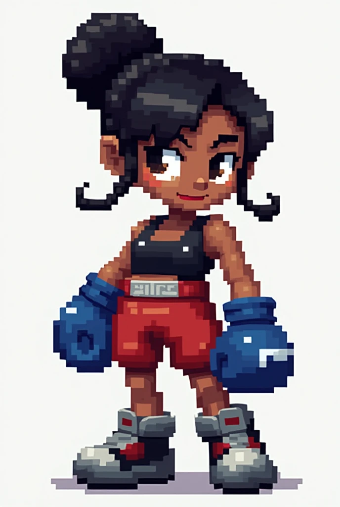 2D Pixel Sprite Black Female Character with Braid Bun Boxer with Blue Gloves Super Nintendo.