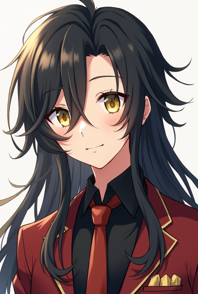 Anime boy with 174 cm height,yellow light eyes and black long hair touched shoulders and forehead hair was swept to the left in shikanoin heizou's outfit style