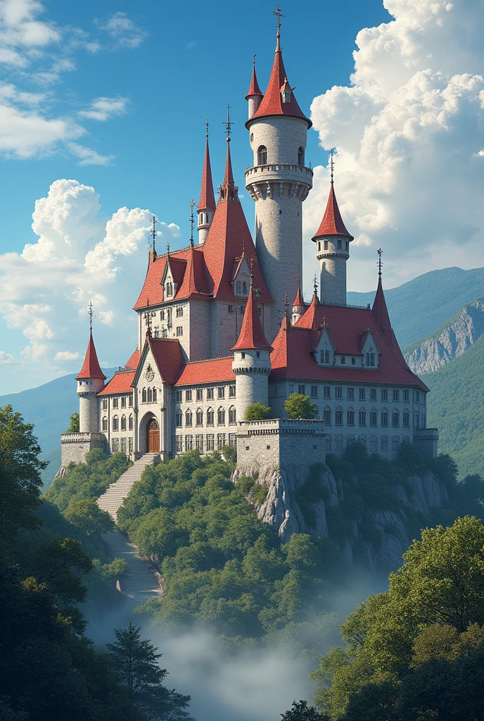 masterpiece, 最high quality, high quality, Very detailed CG unit 8k wallpaper, outdoor, Invalid, sky, A beautiful medieval castle,Red roof, No humans, Writing border depth, high resolution, Chromatic Aberration, Practical, Very detailed, Artステーションのトレンド, CG Social Trends, complicated, Attention to detail, dramatic, Art:On the go