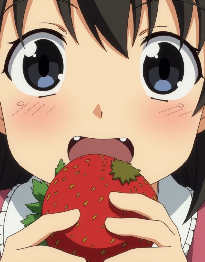 Ghibli, Girl with mouth wide open、Eating a large strawberry with relish, Face close-up