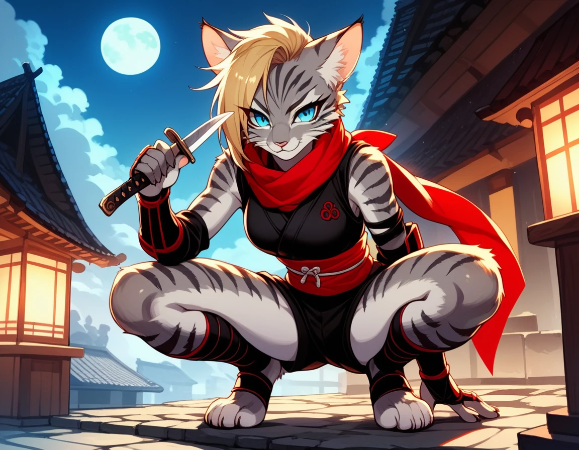 score_9,score_8_up,score_7_up, score_6_up, score_5_up, source_anime, kemono style, Kat, female Anthro furry feline, silver fur, grey stripes on body, blue eyes, long blonde hair, undercut hair, one side of hair shaved, wearing red ninja scarf, scarf_over_mouth, red scarf over mouth, black shinkbis tunic, black cloth shorts, feet paws four toes, feet and legs wrapped in bandages, shinobi ninja gauntlets, squatting, holding a kunai knife, nighttime, on top of a building, squatting on the edge of a building, full moon, on a cliffside, 