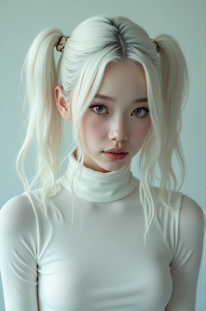 White-haired woman in tight-fitting pigtails