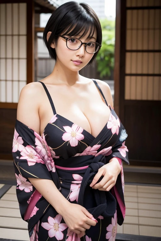 Japanese woman Black Hair Short Hair Pink Yukata Big Breasts Glasses