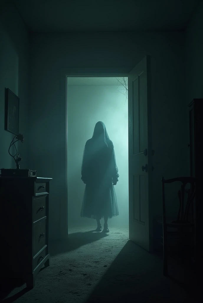 Lights flicker. A cold breeze sweeps through. In dark  room 