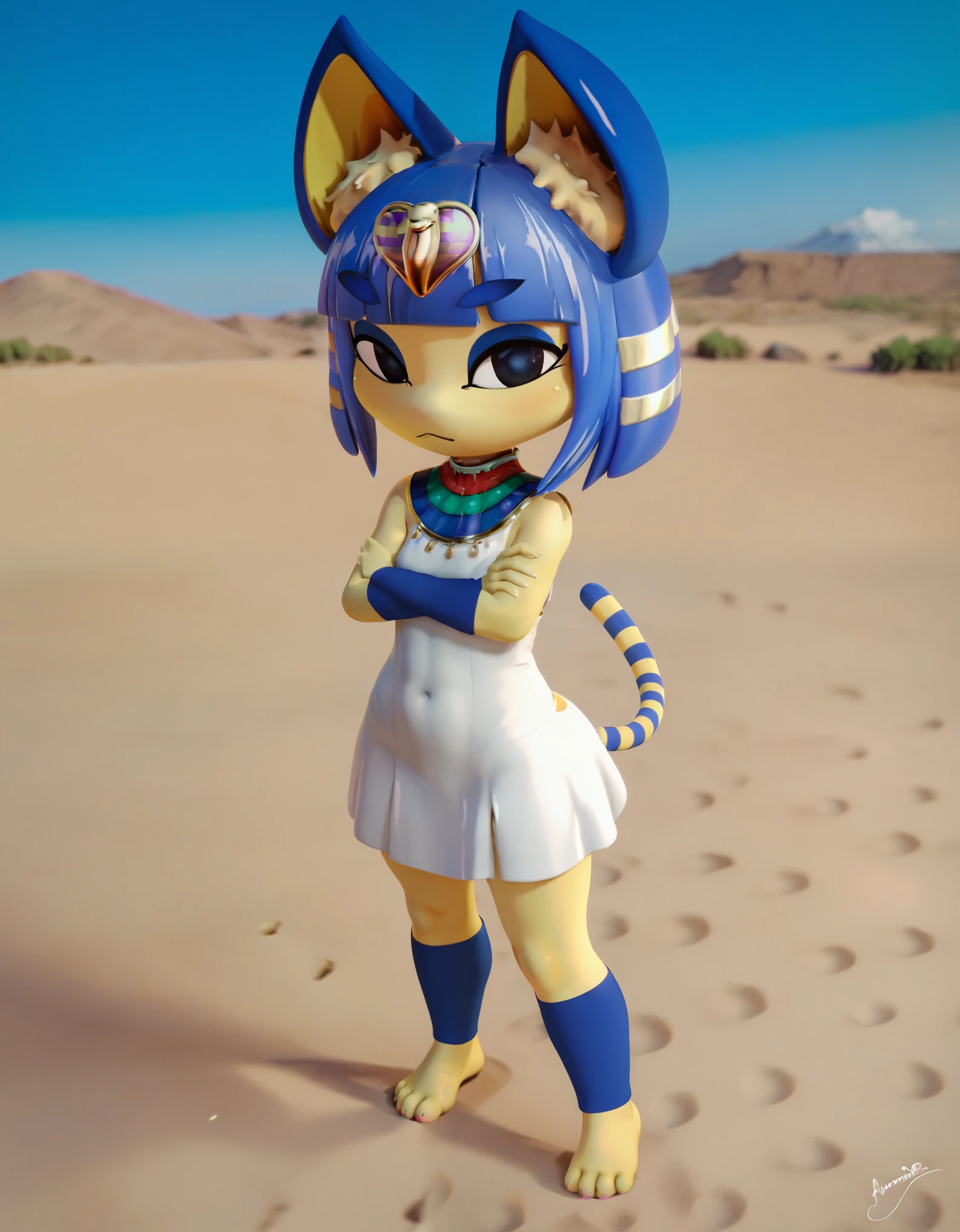 score_9, score_8_up, score_7_up, BREAK ankha \(animal crossing\), 3d, 1girl, outdoors, yellow fur, furry, two-tone fur, blue hair, furry female, animal ears, tail, white dress, arms crossed, anthro, felid, feline, body fur, short hair, hair ornament, cat ears, animal feet, felis, domestic cat, blue fur, feet, snake hair ornament, desert, day, barefoot, cat tail, cat girl, sky, blunt bangs, blue eyeshadow, egyptian, hair, blue sky, looking at viewer, toes, closed mouth, outside, animal nose, flat chest, white fur, fur, stomach, black eyes, bob cut, from above
