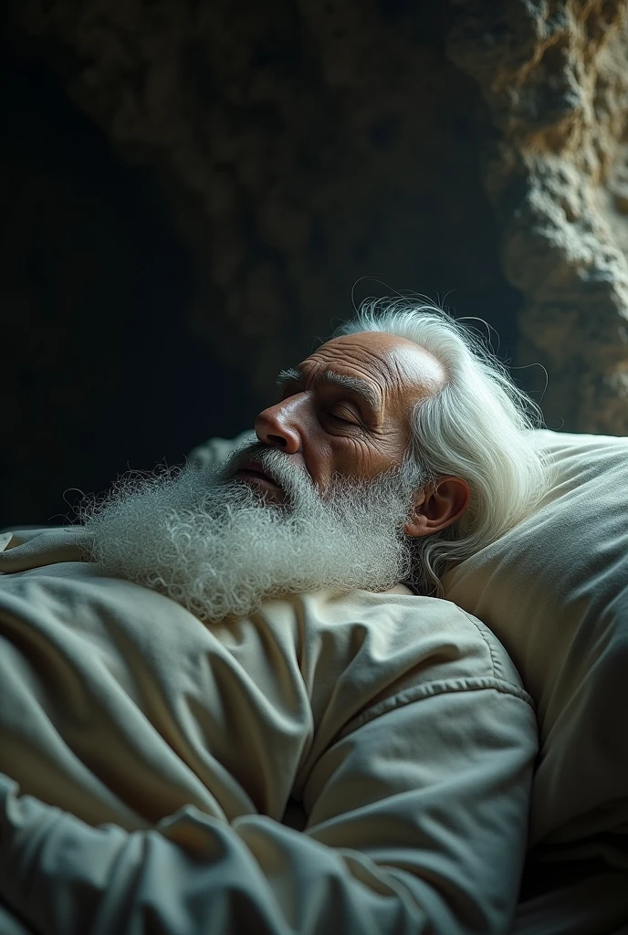 Make a man with long white hair and beard lying on a bed with his eyes closed, in a cave, but only showing his face 