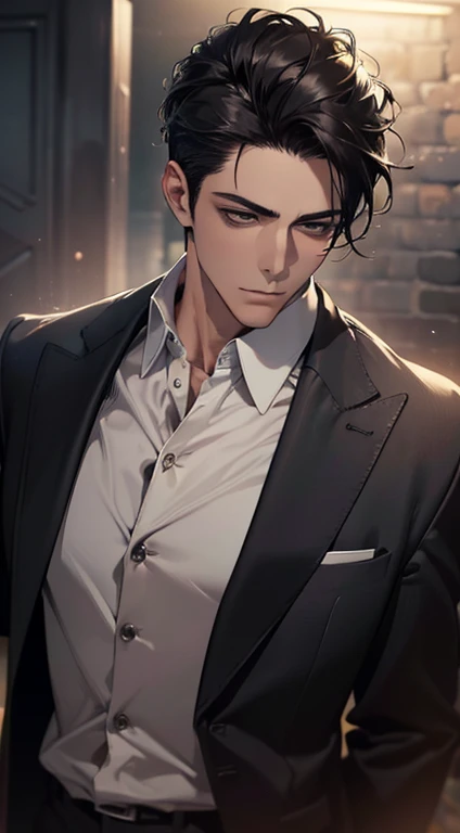 (best quality, masterpiece, 8K, photorealistic, cinematic lighting, 1:4 hdr image, top view, ultra detailed, beautiful image), a mature man, very handsome, short black hair, black eyes, perfect face without errors , ((buttoning his jacket, CEO))