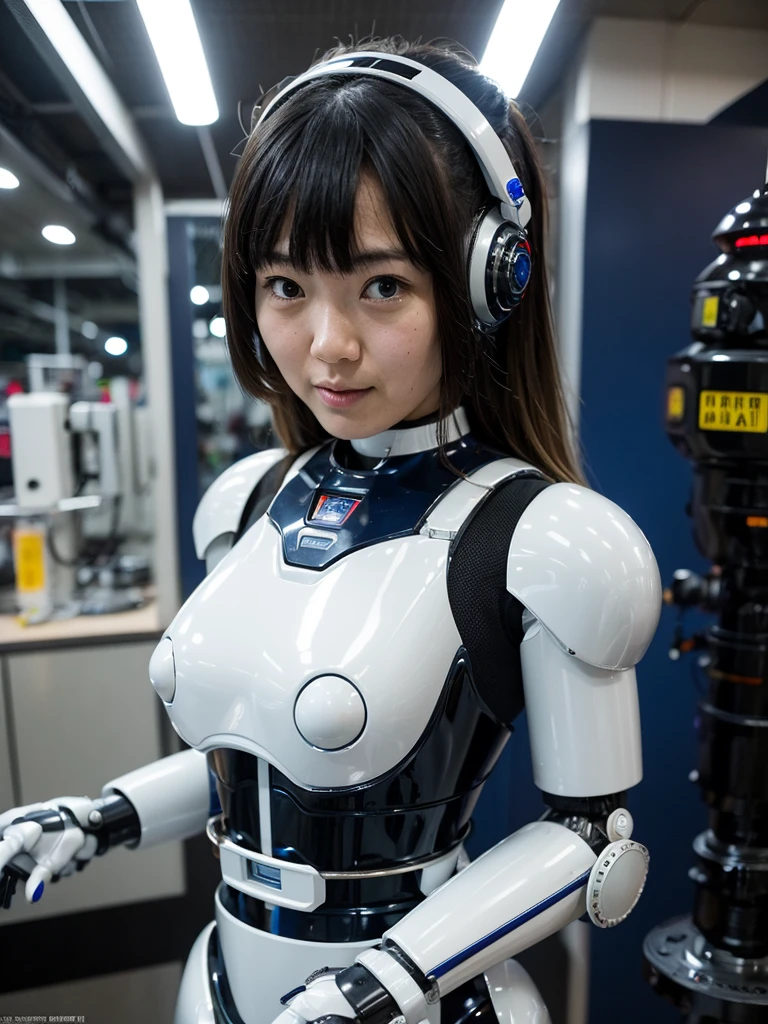 masterpiece, Highest quality, Very detailed, Japaese アンDroid girl,Portraiture,Plump,Slightly thicker,Control panel,アンDroid,Droid,Mechanical Hand, robotの腕, Black Hair,Blunt bangs,perfect robot girl,Long tube,A thick cable was attached to her neck.,アンDroid,robot,humanoid,cyborg,japanese cyborg girl ,robot-assembly plant,She is now assembling,Assembly scene,blue eyes,Chest Monitor