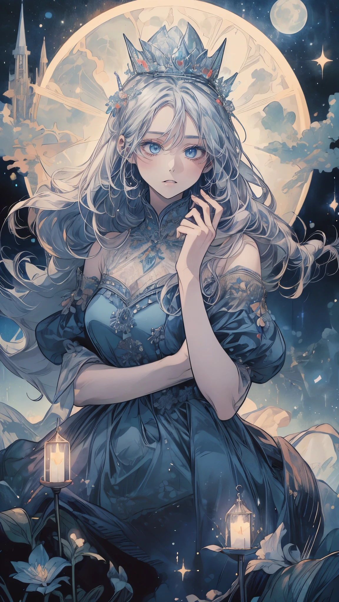 (Mastepiece), (Best Quality), Very detailed, 1 girl, (Solo Shooting:1.5), Perfect Face, beautiful girl, Very detailedな顔,(Blue Princess Dress:1.4)、(Long white hair:1.5),(blue eyes:1.4),(Princess:1.4)、(White flower:1.4)、(Blue Butterfly々:1.3)、(Sparkling:1.3)、moonlight、流れstar、(night、star空、White Moon:1.4)、star々、moonlight