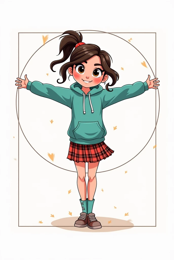 a vitruvian man but make it Vanellope von Schweetz, a princess from disney with her usual clothes. make it cartoonized and easy to draw for a beginner artist. no too much shadow