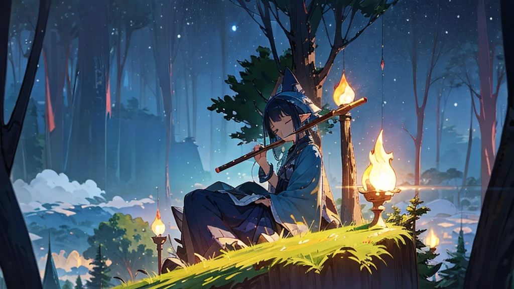 Anime Elf girl playing  flute while sitting gracefully on a tree branch ,magical atmosphere, panoramic fantasy night landscape,  town in the forest can be seen, with charming houses, winding streets illuminated by moonlight, closed eyes, she wear long witch outfit, celtic