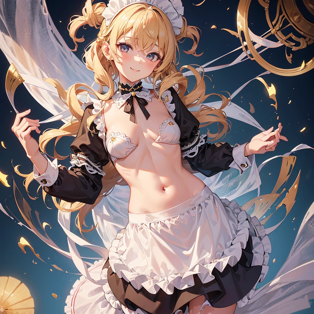 (8k, RAW Photo, Top Quality, Refined Details, Masterpiece: 1.2), (High Definition 8k Wallpaper), Sharp Focus, Professional Lighting, Depth of Field, Cinematic Lighting, Background Blur, BREAK (1girl:1.2), cute face, blonde, curly hair, braids, slender line, slim body, (seductive smile: 1.2), (maid costume:1.4), golden ratio, slouching, ( Small breasts: 1.4), (full body shot: 1.4)