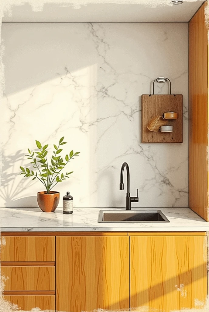 create 4 piece prospetive artist expression drawing for  kitchen design  match  below a modern Archictural style, marble kitchen bench top, cooper tapware, kitchen cabinet with a hardwood timber look, modern creamy-yellow white style


