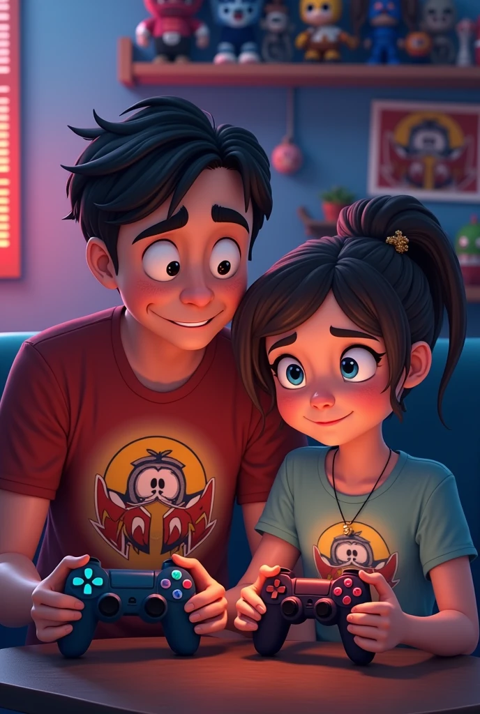 Can you create a geek style father and daughter image for me?,nerd For Father&#39;s Day The two playing video games together and wearing The Big Bang Theory shirts. 

The two are in a gamer room style environment.,com actions figures.
