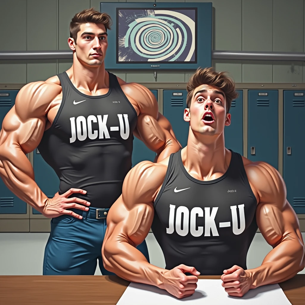 Young male college student Wearing shirt that says JOCK-U as a big dumb hyper muscular sweaty bodybuilder football jock bro in skin-tight compression gear flexing and staring blankly forward at the camera with open mouth under hypnosis. A monitor displaying a hypnotic spiral swirls behind him as he stands in a locker room doing a double bicep flex to expose sweaty armpits as he repeats, "Stare ... listen ... blank ... obey.... Bigger... Dumber.... Just a big ... dumb ... jock. Huhuh.... Uhhhhhh.... How's it hangin', bro? C'mere. Watch the spiral and FLEX with me, BRO! It's good to be a JOCK. Stare. Obey. Be a jock, just like me...." in a deep voice. Football jock assimilation. Hyper swollen crotch bulge. Sweating. Mouth hanging open. Hyper muscles. Giant biceps. Giant triceps. Broad shoulders. Giant traps. Giant lats. Giant deltoids. Big meaty pecs. Hyper swollen glutes. Brainwashing. Hypnosis. Hypnotized. Bro. IQ drain. Sweaty. Stereotype. Hypnotic trance. Entranced. Brainwashed. meathead. Musclehead. mindless. brainless. Front view. Digital painting. Giant muscles. compression gear. Color.