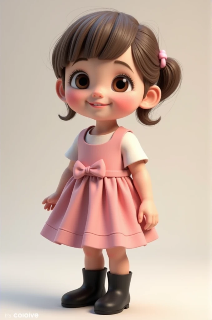 3D image of a 5 year old child full body. wearing pink dress. She has light brown hair and eyes, small nose and white skin. Side-swept hair with bangs and bow on the side. Slanted eyes and smiling. Slightly arched eyebrow. black boot