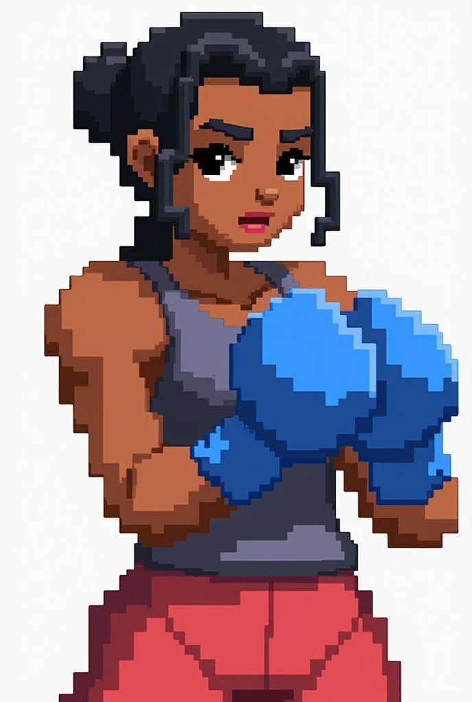 2D Pixel Sprite Black Female Character with Braid Bun Boxer with Blue Gloves 16Bits