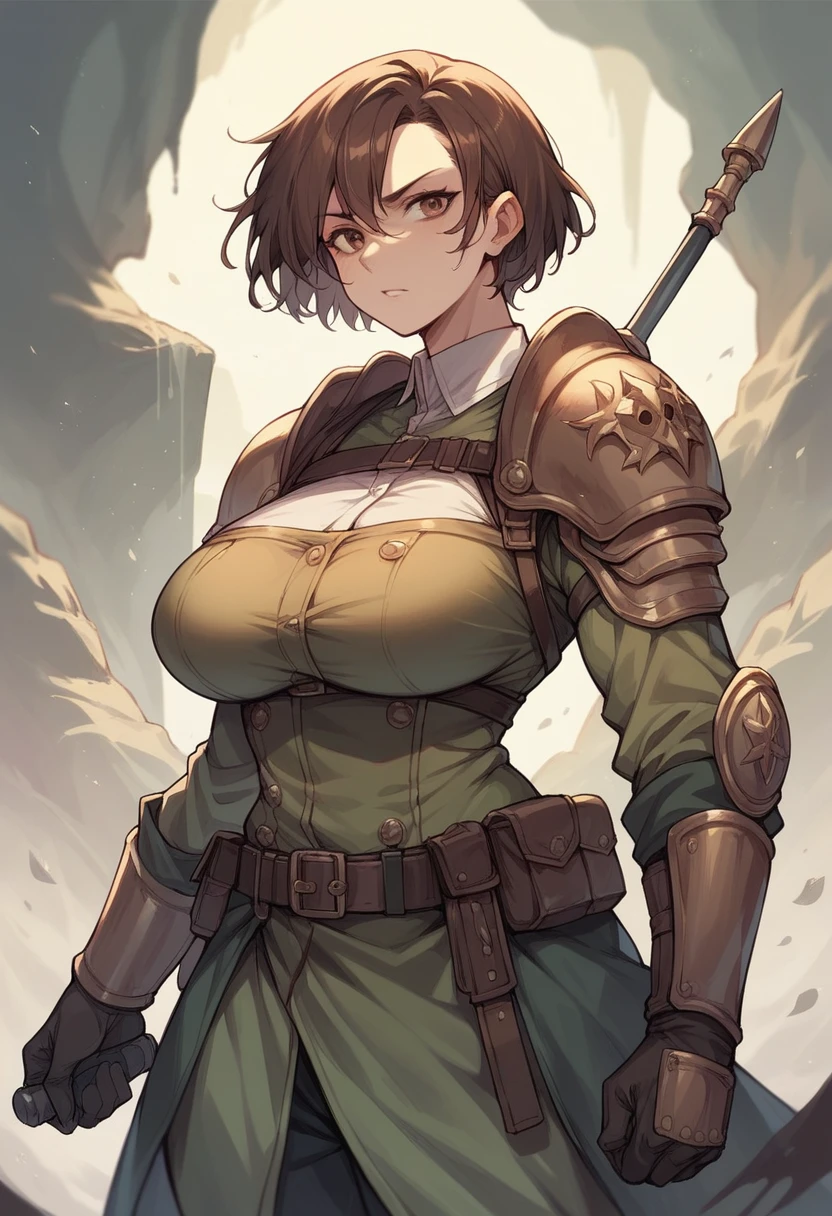 Warrior, short brown hair, big breasts (F size)