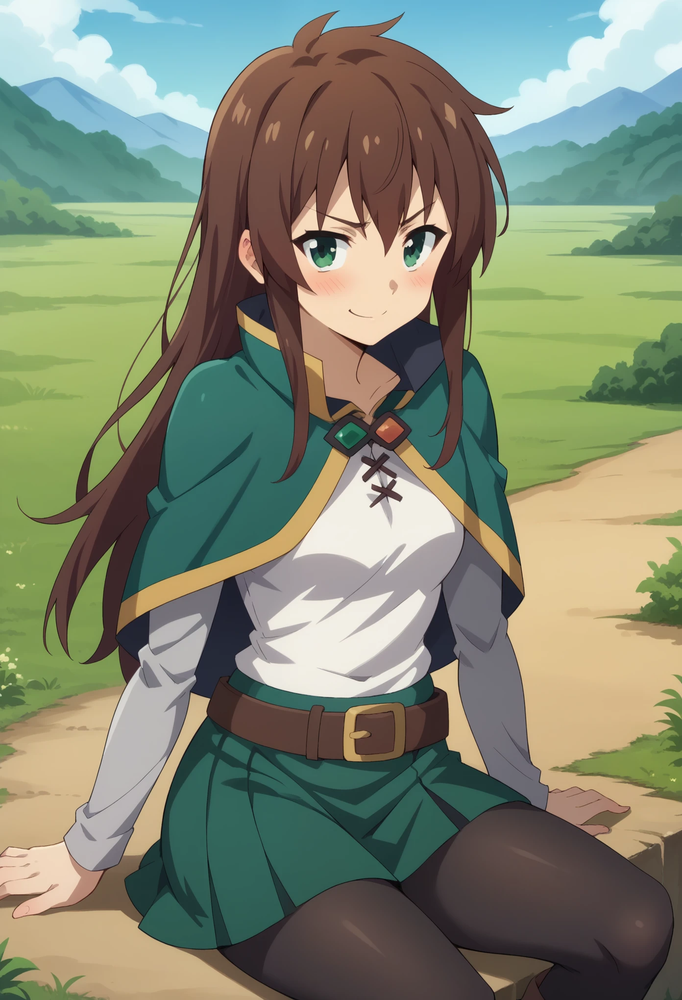 score_9, score_8_up, score_7_up, 1girl, solo, (female:1.5), female focus, female body, kazuma satou, long hair, brown hair, green eyes,shirt, long sleeves, white shirt, belt, green skirt, short skirt, black pantyhoses, navel, capelet, brown belt, sittin on ground, knees up, long boots, standing, perverted face, smirk, white underwear, blushing, looking at you, landscape, centered image,
