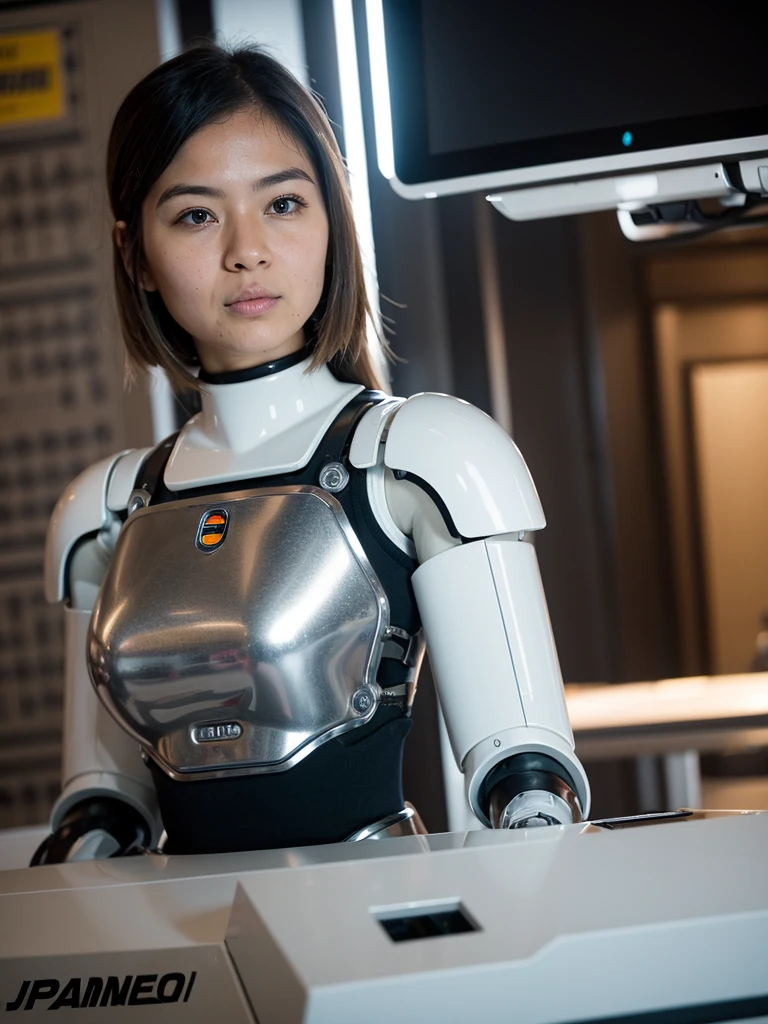 masterpiece, Highest quality, Very detailed, Japaese アンDroid girl,Portraiture,Plump,Slightly thicker,Control panel,アンDroid,Droid,Mechanical Hand, robotの腕, Black Hair,Blunt bangs,perfect robot girl,Long tube,A thick cable was attached to her neck.,アンDroid,robot,humanoid,cyborg,japanese cyborg girl ,robot-assembly plant,She is now assembling,Assembly scene,blue eyes,Chest Monitor