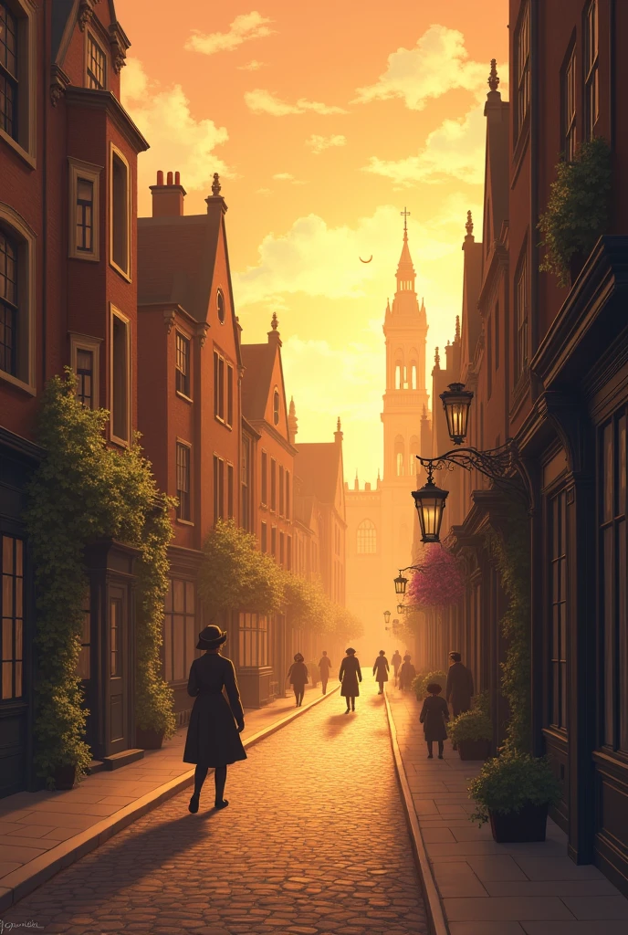 London footpaths in 1888 , yellow tone , less people , anime , the streets on the middle , midday 
