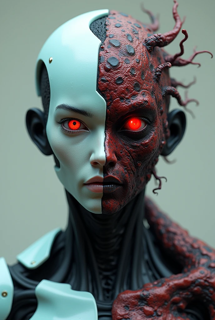 A humanoid robot with the right half being light blue and black、A reddish-black creature with scales on the left half、The seams look like a living thing is invading the robot.、A man's face from the neck up, with a monster's eye glowing red in the left eye、The right eye looks like a robot、whole body、Staring at me