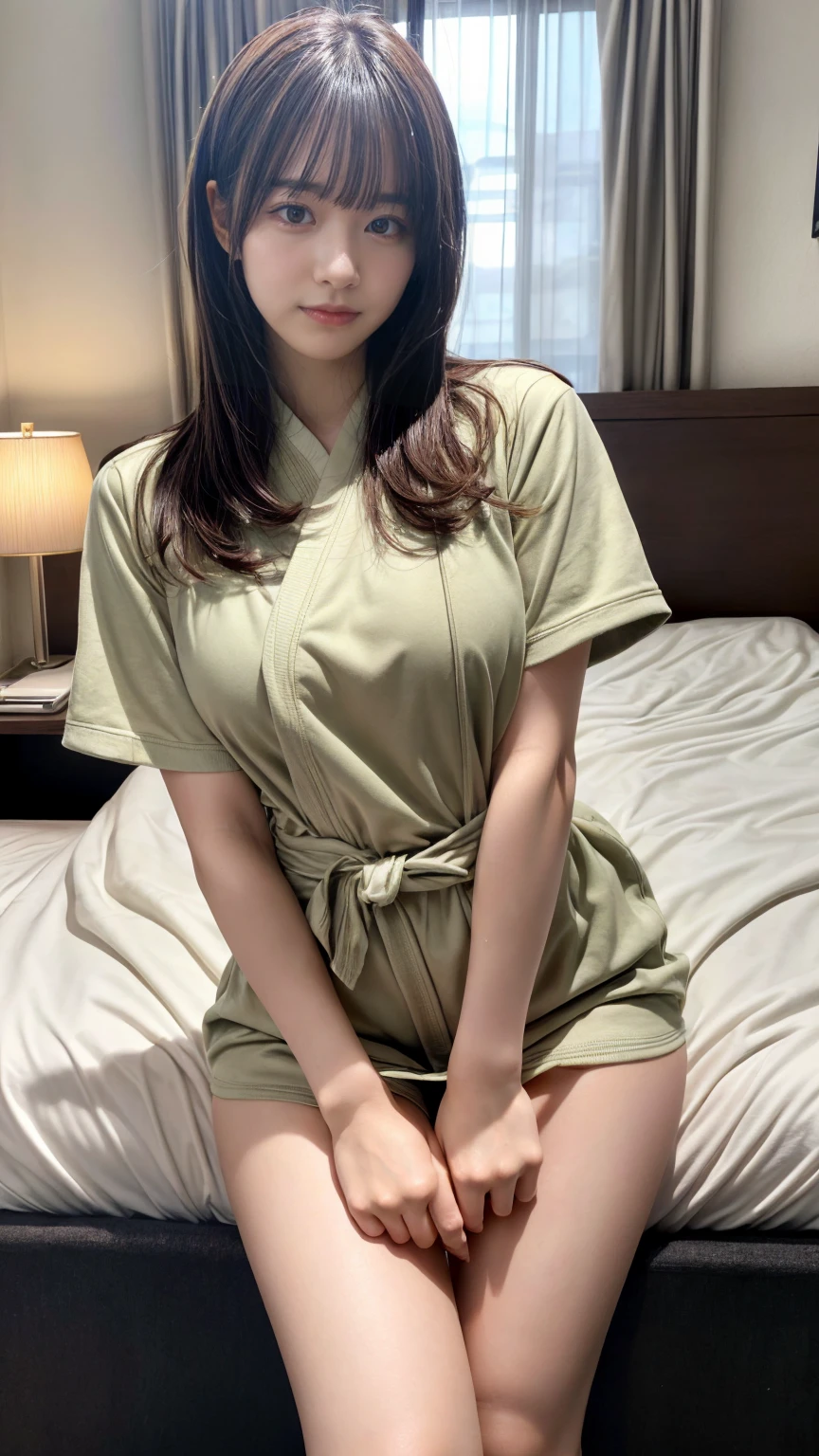 masterpiece, best quality, illustration, Super detailed, fine details, High resolution, 8K,wall paper, perfect dynamic composition,(Details High quality, realistic depiction of eyes:1.3), oversized judo uniform white, sitting, open legs, short bob hair, in a hotel room in the background, large breasts, black hair color, Big Natural Color Lip, (perfect body shape), crying a little、Harajuku style、20 year old girl、cute type、beautiful legs, Gravure Idol