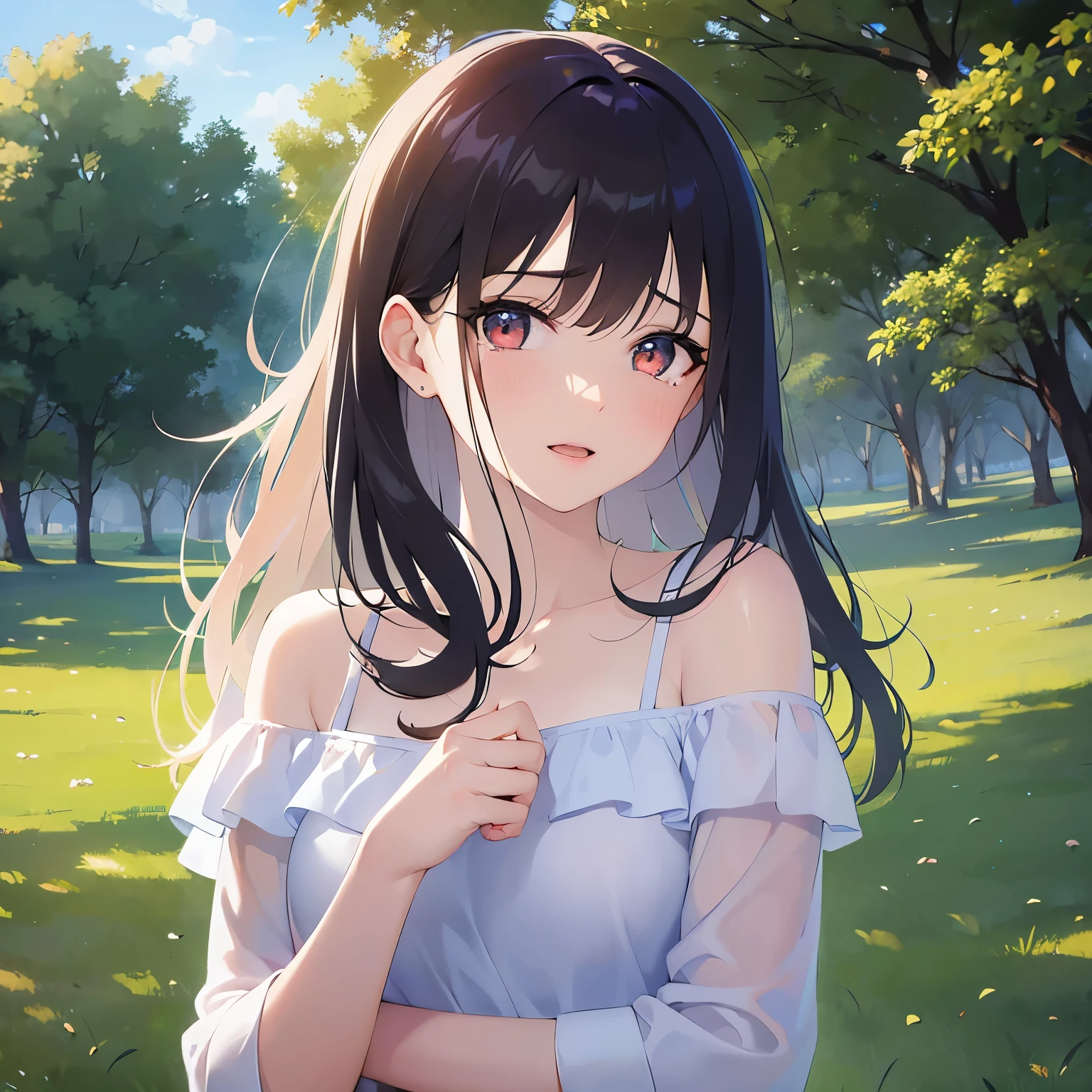 (looking at viewer:1.5)Upper Body, (wiping tears:1.3),
Realistic, real person, (pale skin: 1.2), RAW photo, photorealistic, shiny skin, shiny hair、
(A 25-year-old woman with medium-length hair and bangs) and (wavy hair) and (brown hair) and (orange eyes),
(white) and (off shoulder blouse),
(tearful:1.2),smile,open mouth,park,grass、blue sky、(alone:1.5)