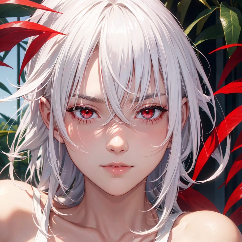 White hair, red eyes, beautiful young man, summer