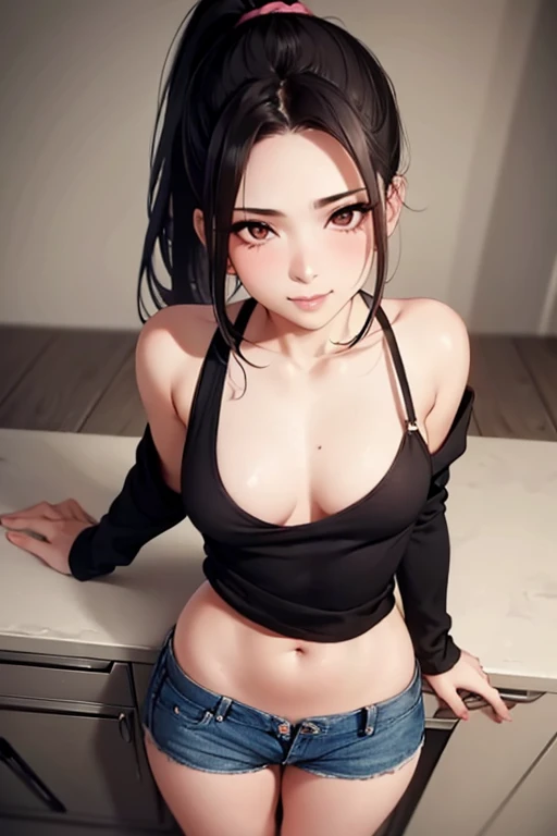 1 beautiful sexy woman, ponytail hair , appealing, 22 years old, subtle flirting smile, shoulder to shoulder sweater, small jen shorts, corpo appealing divino perfeito definido, beautiful breasts, beautiful ass, sensualizing, showing the ass, legs spread open , vagina silhouette, doggystyle, shaking your ass