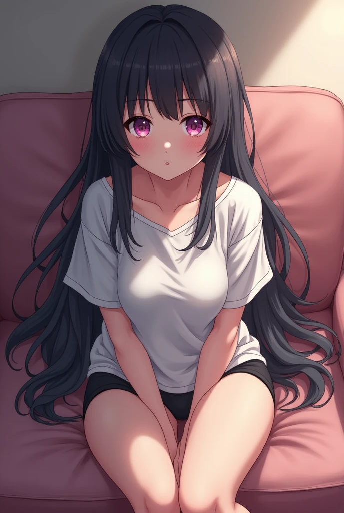 A 16 year old girl, in the anime style of the Seinen Genre. 

Her Appearance: she has long dark hair with bangs,Serene and seductive eyes of lilac pink color,Light skin color and she has a mole below her left eye. 

She is wearing only a loose white T-shirt., a pair of black socks and black panties. 

She is on top of a sofa. 