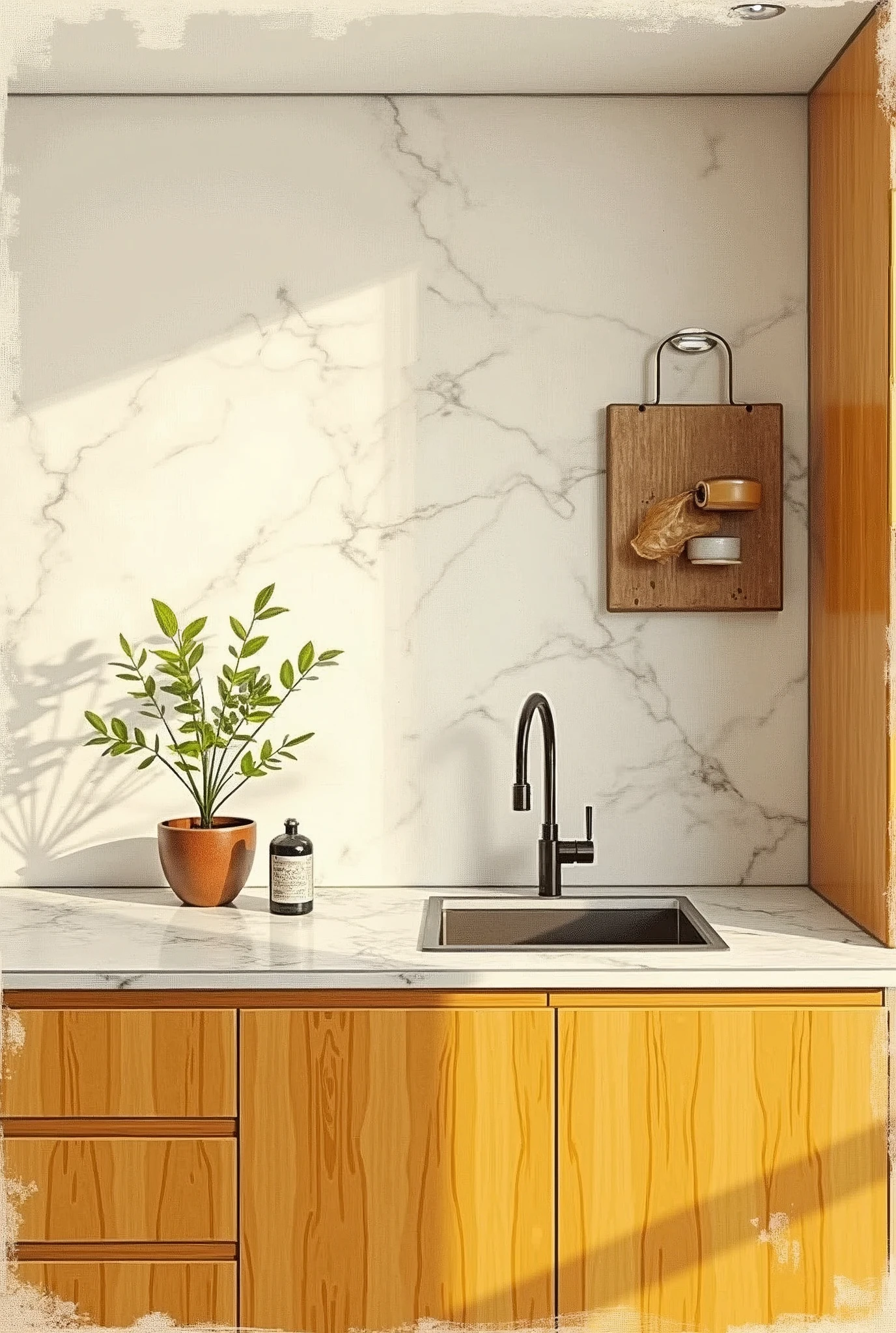 create 4 piece prospetive artist expression drawing for kitchen design match below a modern Archictural style, marble kitchen bench top, cooper tapware, kitchen cabinet with a hardwood timber look, modern creamy-yellow white style