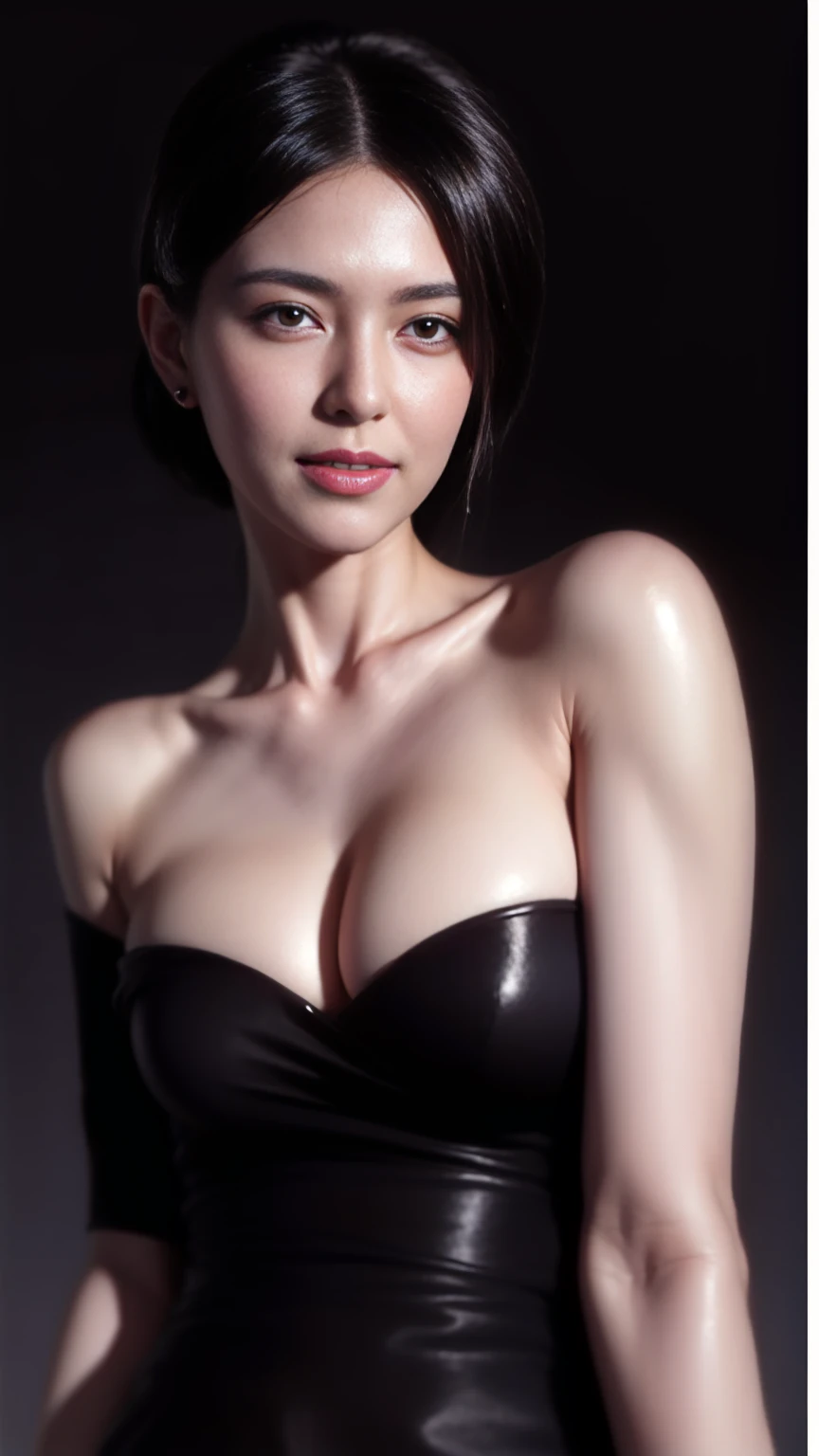 (((Highest quality)), ((8k)), ((masterpiece: 1.3)), (Photorealism: 1.6), (JMA), (Who), (Portrait of a Japanese mature woman), (Pitch black background: 1.2), (65-year-old woman), (Cat face), (Perfect looks), ((Realistic skin texture)), (Fine wrinkles all over the skin), (Dullness), (Facial wrinkles), (Wrinkles around the eyes), double eyelid, Tear bags under the eyelids, (corner of the eye), Thin eyebrows, (Grimacing and laughing), Short bangs, short hair, (Colorful V-neck sexy dress: 1.2), (Close-up of face),