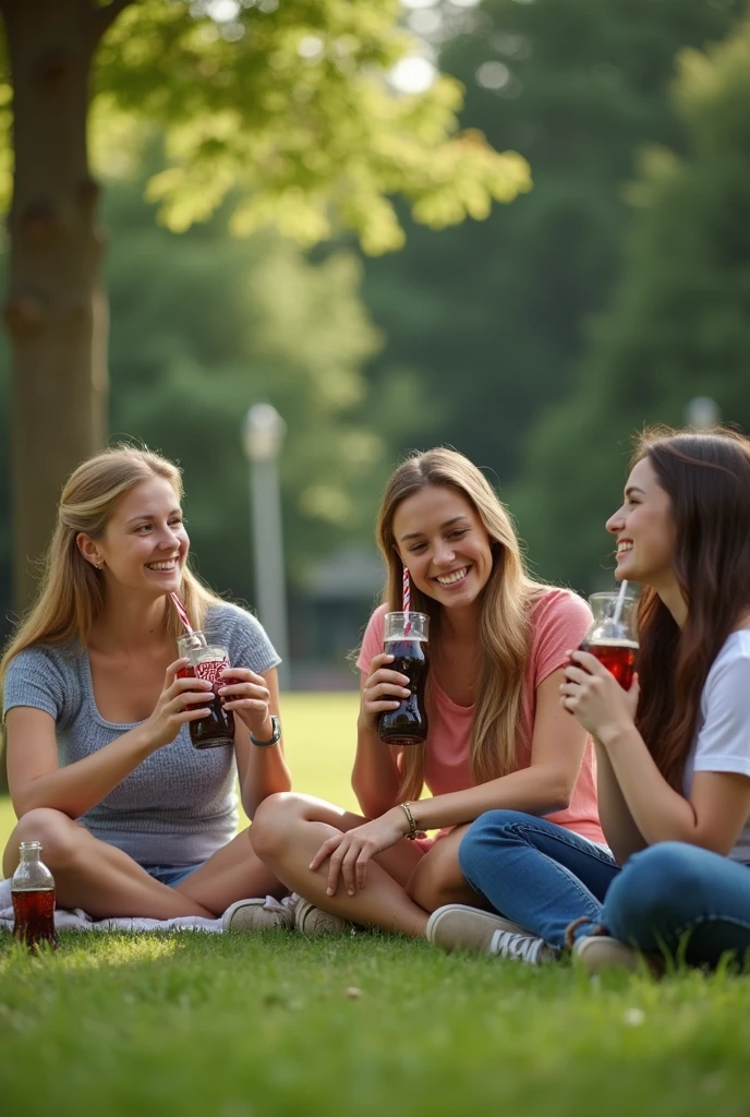 Group of friends in a park sitting on the grass and drinking Coca Cola







