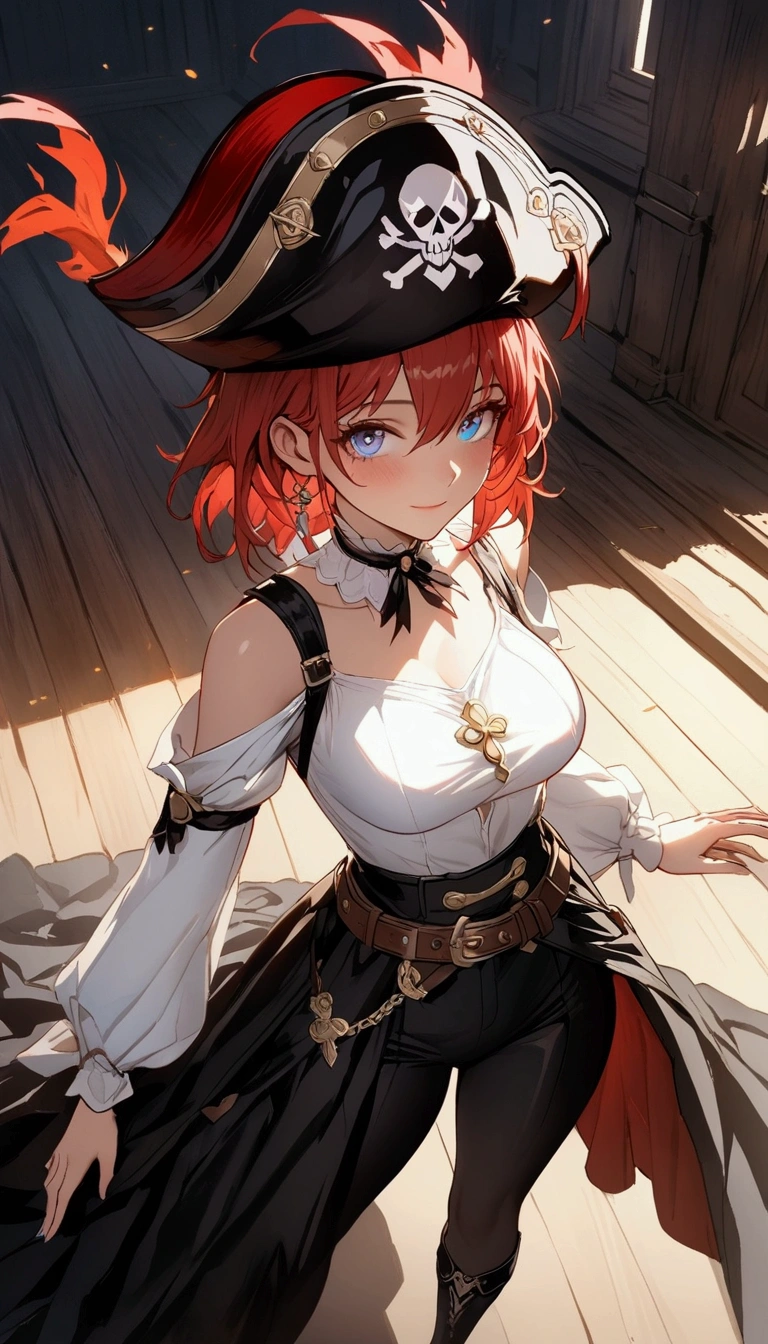 (Masterpiece. The best quality. 8K. Sharp focus. Depth of field, The best shadows. Perfect lighting. HDR. Realistic skin texture. Ultra-detailed background. Detailing). Anime style. Honkai: Star Rail. March 7. 1 girl. Fiery red hair, short hair. Azure blue eyes, beautiful eyes, beautiful eyes, expressive eyes. Beautiful nose, perfect facial features. Perfect anatomical body, slender figure, second size breasts, beautiful breasts, thin waist, rounded hips, beautiful long legs. Pirate hat, white blouse, pirate pants, Uniform cloak, shoulder straps with the Jolly Roger, knee-high boots, wide belt at the waist. Saber in the right hand. Muskets in the left hand. Gambling smile. Feet shoulder-width apart. Standing on the deck. Standing at full height. Concept art. Looking at the viewer. At full height. Full body.